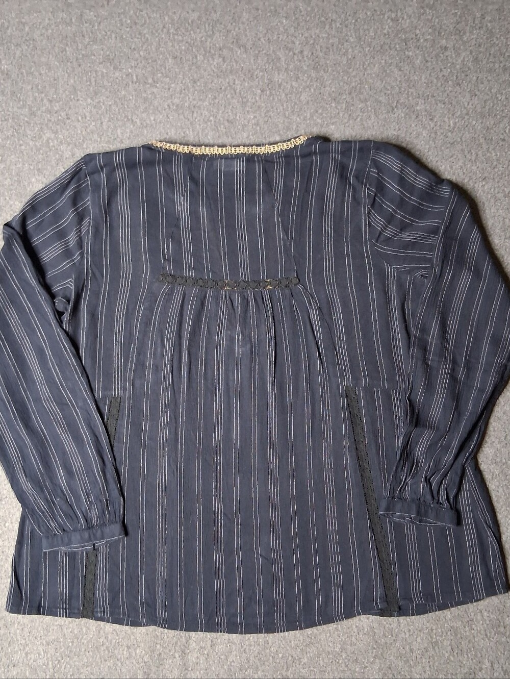 J. Jill Women's Black Tan Embroidered Striped Boho Peasant Blouse Top S Long Sle - Picture 12 of 13
